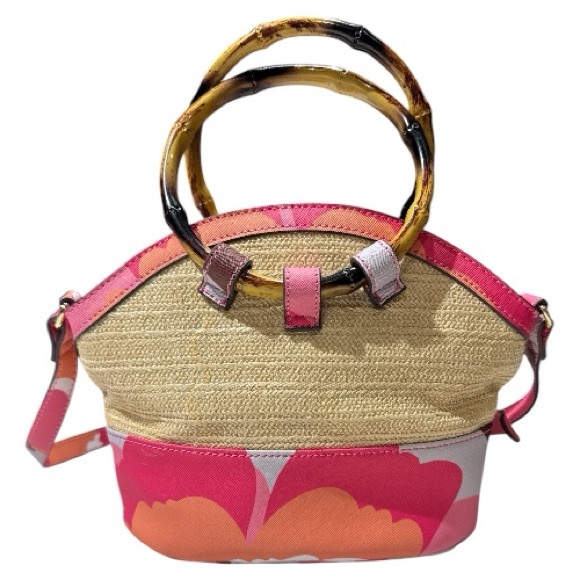 Trina Turk Rainbow Petals Floral Straw Satchel Crossbody Bag Bamboo Handles - Picture 3 of 10
